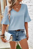 Beau Blue Ruffled Half Sleeve V Neck Textured Top