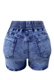 Washed Blue Elastic Waist Jeans Shorts