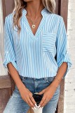 V Neck Stripes Fold Sleeves Top