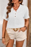 Plain Eyelet V Neck Buttoned Short Sleeves Top