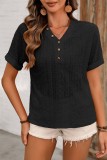 Plain Eyelet V Neck Buttoned Short Sleeves Top