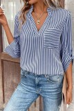 V Neck Stripes Fold Sleeves Top