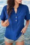 Royal Blue V Neck Buttoned Short Sleeves Blouse