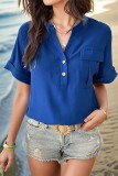 Royal Blue V Neck Buttoned Short Sleeves Blouse