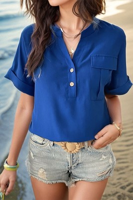 Royal Blue V Neck Buttoned Short Sleeves Blouse