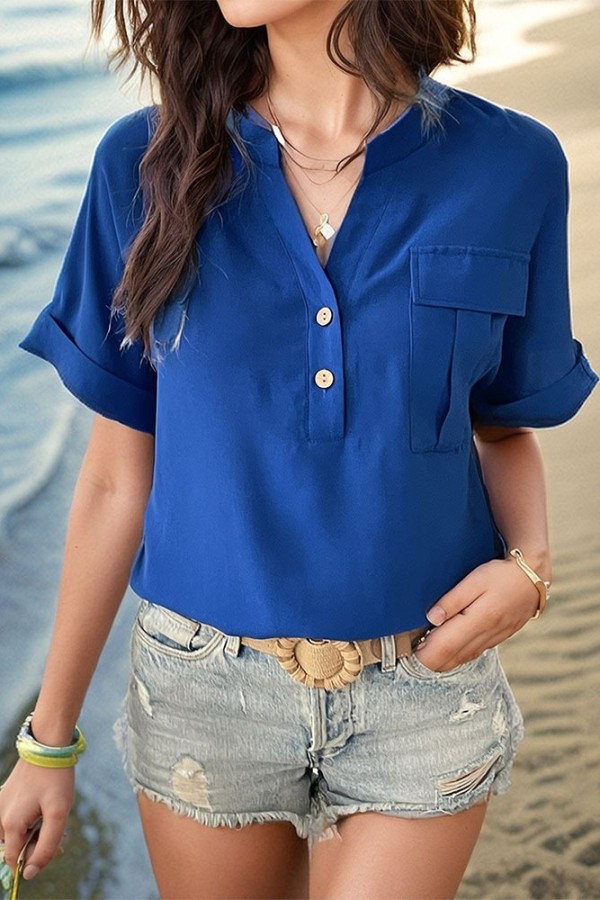 Royal Blue V Neck Buttoned Short Sleeves Blouse