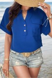 Royal Blue V Neck Buttoned Short Sleeves Blouse