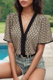 Khaki Printed V Neck Short Sleeves Bodysuit