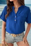 Royal Blue V Neck Buttoned Short Sleeves Blouse