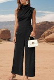 Plain Swing Collar Wide Leg Sleeveless Jumpsuit