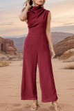 Plain Swing Collar Wide Leg Sleeveless Jumpsuit
