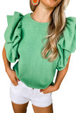 Green Ribbed Knit Puffy Ruffle Sleeve Blouse