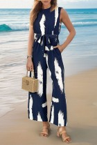 Navy Tie Dye Sleeveless Jumpsuit With Sash