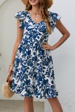 Floral V Neck Ruffle Sleeves Dress