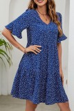 Flare Sleeves Blue Printed Dress
