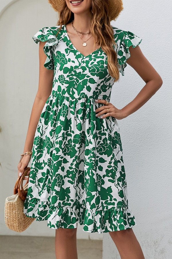 Floral V Neck Ruffle Sleeves Dress