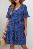 Flare Sleeves Blue Printed Dress