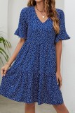 Flare Sleeves Blue Printed Dress