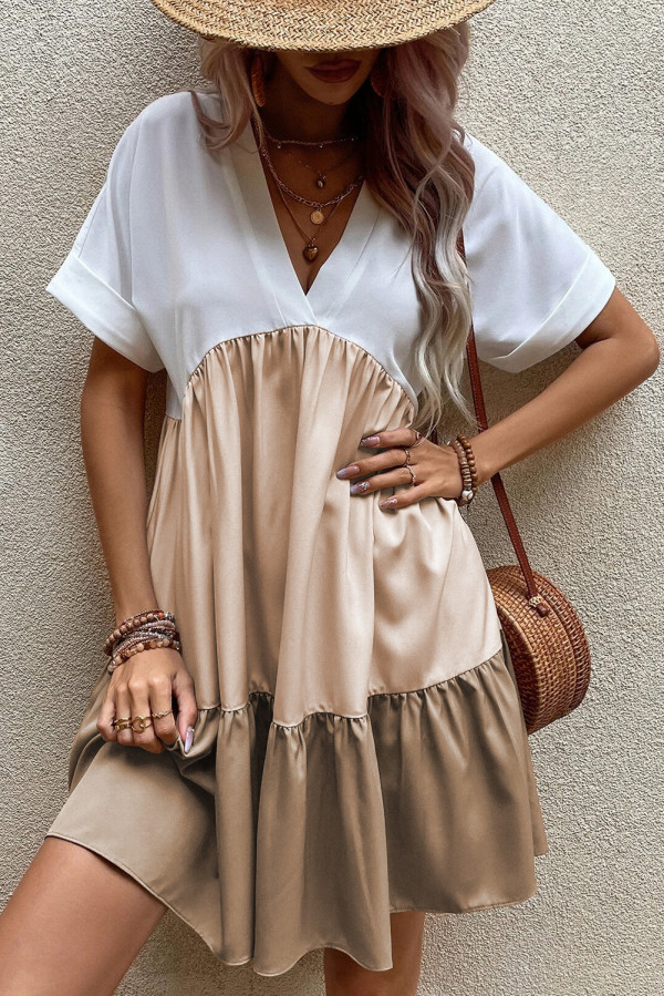Light French Beige Triple Colors V Neck Folded Cuffs Tiered Loose Dress