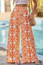 Orange Boho Retro Flower Print Wide Leg Pants