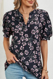 V Neck Floral Puff Sleeves Top