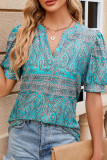 V Neck Floral Puff Sleeves Top