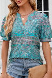 V Neck Floral Puff Sleeves Top