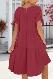 Plain Tie Sleeves Ruffles Dress