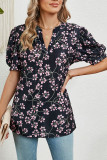 V Neck Floral Puff Sleeves Top