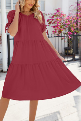 Plain Tie Sleeves Ruffles Dress