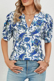 V Neck Floral Puff Sleeves Top