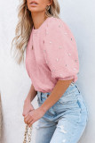Light Pink Rhinestone Pearl Puff Half Sleeve Top