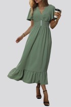 Green Ruffle Hem V Neck Dress