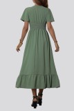 Green Ruffle Hem V Neck Dress
