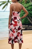 Geometric Patterns Red Spaghetti Dress