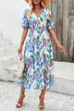 Tie Dye Printed V Neck High Waist Bubble Sleeves Dress