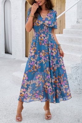 V Neck Splicing Floral Dress