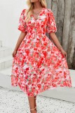 Tie Dye Printed V Neck High Waist Bubble Sleeves Dress