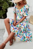 Tie Dye Printed V Neck High Waist Bubble Sleeves Dress