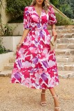 V Neck Puff Sleeves Printing Dress