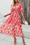 Tie Dye Printed V Neck High Waist Bubble Sleeves Dress