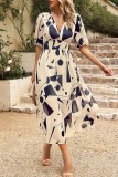 V Neck Puff Sleeves Printing Dress