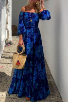 Blue Flower Off Shoulder Maxi Dress