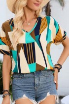 Geometric Print V Neck Short Sleeves Blouse Top