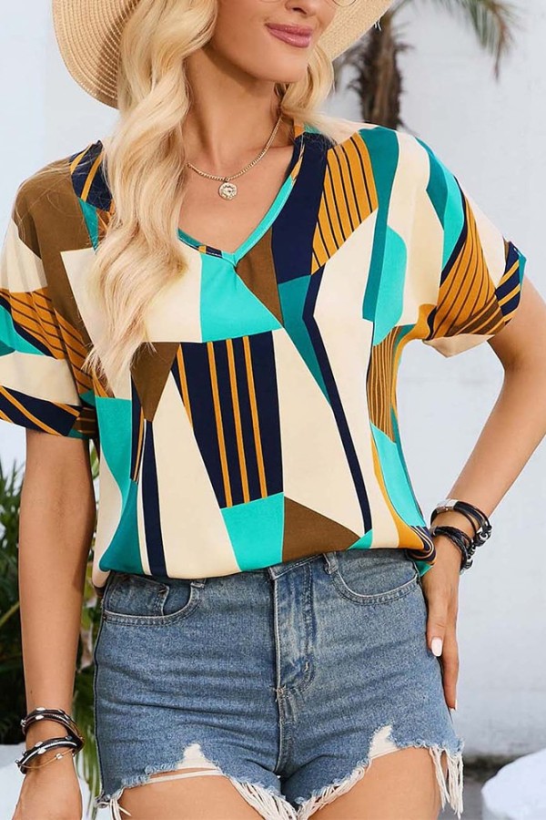 Geometric Print V Neck Short Sleeves Blouse Top