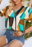 Geometric Print V Neck Short Sleeves Blouse Top