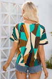 Geometric Print V Neck Short Sleeves Blouse Top