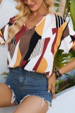 Geometric Print V Neck Short Sleeves Blouse Top