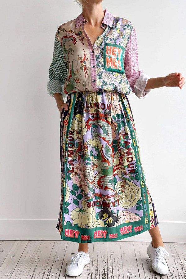Flower Dragon Print Button Up Shirt and Skirt Set