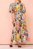 Multicolor Print V Neck Buttoned Bubble Sleeves Maxi Dress